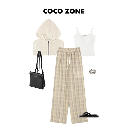 COCO ZONE 气质百搭阔腿裤系绳麻料格子长裤 23C18881 商品图4