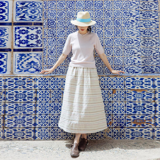 绽放旅行女装537朵/高端亚麻系带松紧腰手织提花粉条纹半身中长裙 商品图2