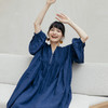 * 绽放608朵/双支砂洗亚麻青金石蓝 V领手工塔克褶宽松长袖连衣裙子 商品缩略图1