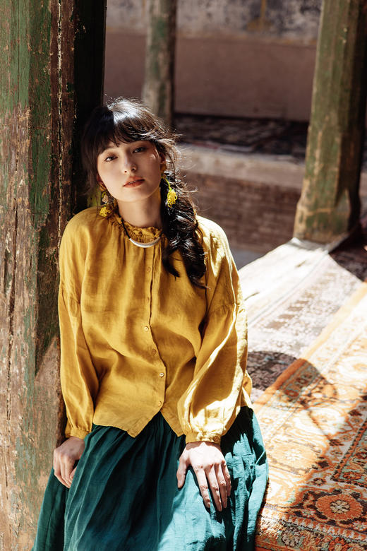 绽放旅行女装535朵/高端汉麻开衫双层毛边开襟系扣落肩宽松长袖衫 商品图5