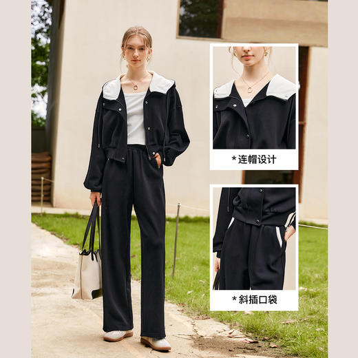 
OLrain欧芮儿时尚轻运动黑色套装两件套女秋季2024年新款连帽休闲 商品图3