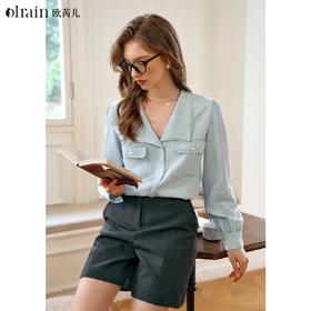 OLrain欧芮儿长袖牛仔衬衫女秋季2024年新款V领休闲通勤衬衣上衣