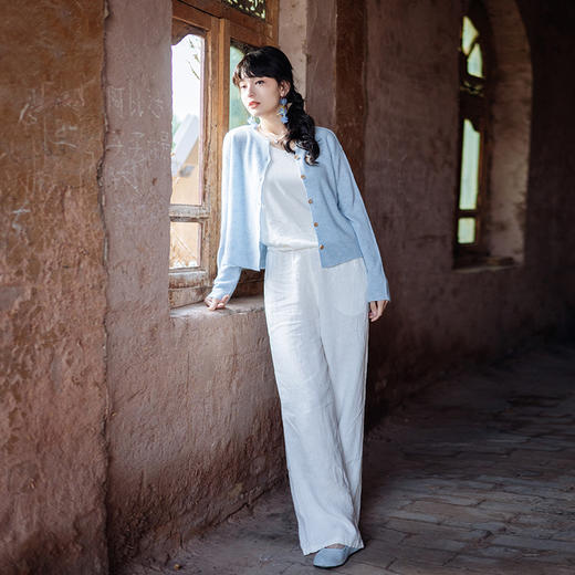 绽放旅行女装530朵/砂洗亚麻色织休闲裤松紧腰系带宽松拖地长裤子 商品图3