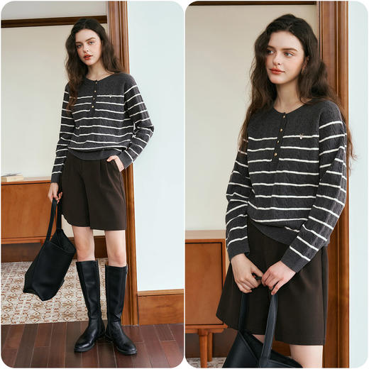 OLrain欧芮儿法式条纹撞色针织衫女秋季2024新款圆领通勤上衣 商品图1
