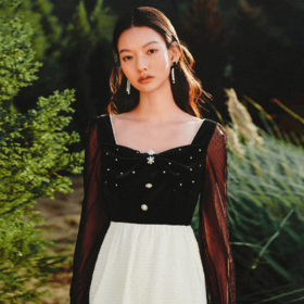 【波动心弦】MAXRIENY甜美复古感丝绒裙秋季拼接花纱连衣裙(货号:MS88DR031)