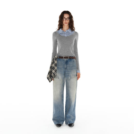 NUTH花灰色假两件拼接修身针织长袖上衣女 商品图2