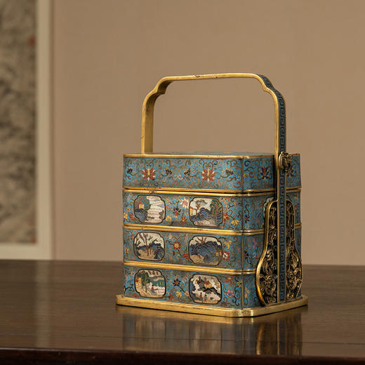 清 铜胎掐丝珐琅花鸟纹三撞提梁盒 商品图4