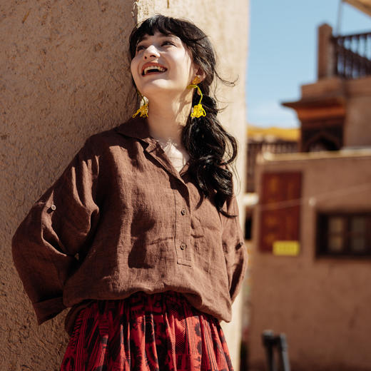 * 绽放588朵/【苏木系列】早秋士林色织亚麻翻领小衫咖啡色上衣衬衫 商品图1