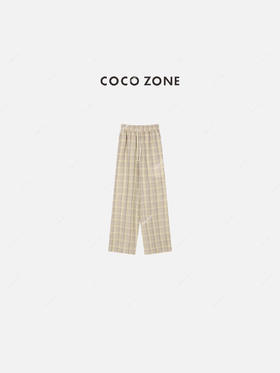 COCO ZONE 气质百搭阔腿裤系绳麻料格子长裤 23C18881