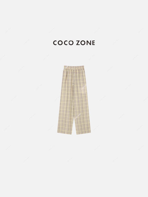 COCO ZONE 气质百搭阔腿裤系绳麻料格子长裤 23C18881 商品图0