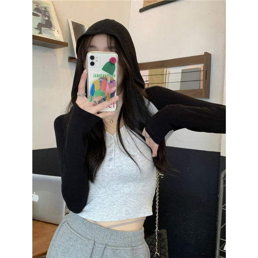 早秋新款【连帽长袖t恤女】修身显瘦 V领辣妹短款打底上衣 插肩袖拼接长袖 商品图6