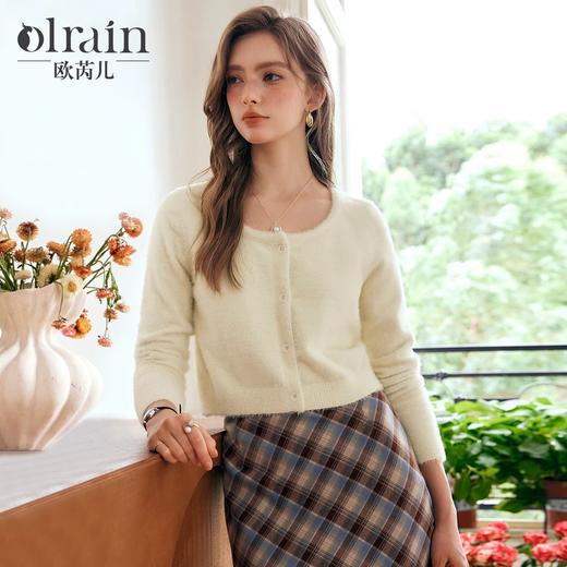 OLrain欧芮儿淡黄色针织衫女秋2024新款时尚简约圆领开衫短款上衣 商品图0