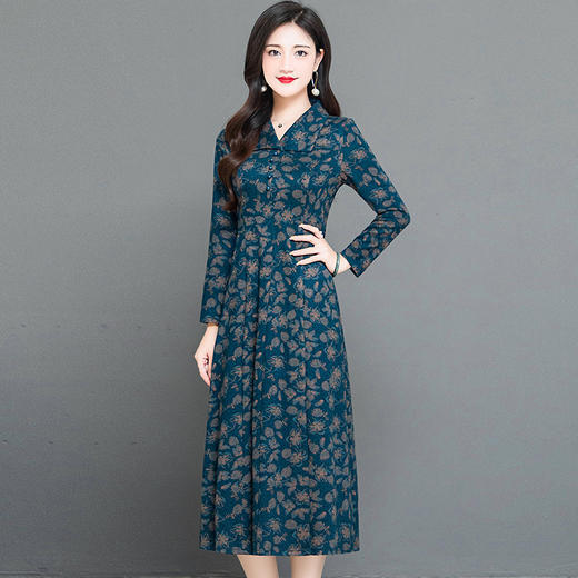 时尚气质连衣裙，翻领印花裙,中长款A字裙QYM-KED-H1318-Y 商品图0