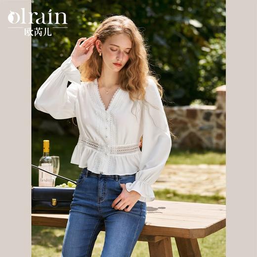 OLrain欧芮儿法式雪纺衫女秋季2024年新款气质v领长袖上衣衬衣 商品图0