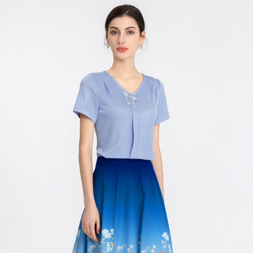 司歌v领弹力短袖国风上衣T891010y 商品图0