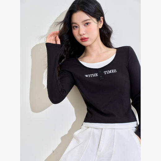 时尚字母印花假两件圆领长袖T恤女早春撞色收腰上衣V0042745 商品图4