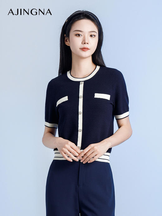 【商场同款】阿菁娜2024秋季新款撞色圆领套头针织衫A29Q301058 商品图1