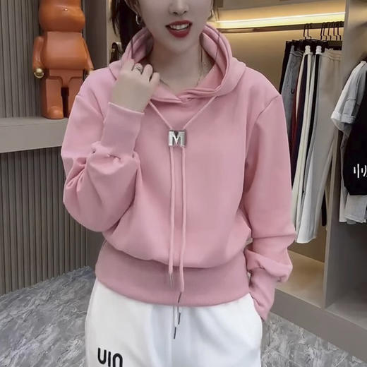 SZ2678短款春秋款女士卫衣纯棉柔软简约纯色宽松连帽款上衣 商品图0