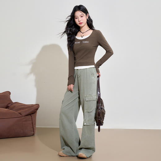 时尚字母印花假两件圆领长袖T恤女早春撞色收腰上衣V0042745 商品图1