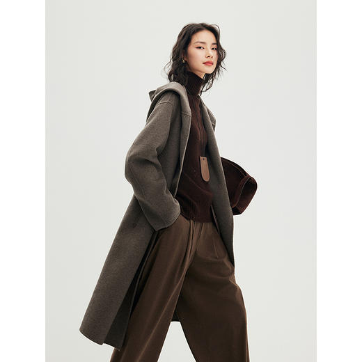 棉仓356666002-老钱松弛感兜帽长款修长感羊毛羊绒混纺毛呢外套 商品图1