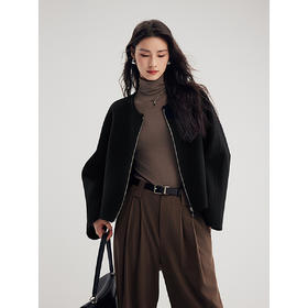 棉仓356666004-短箱型夹克式拉链无领毛呢外套女24秋季新品气质圆领双面呢