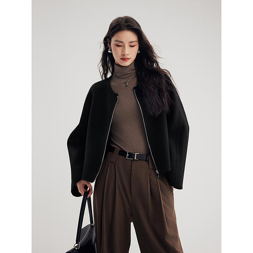 棉仓356666004-短箱型夹克式拉链无领毛呢外套女24秋季新品气质圆领双面呢 商品图0