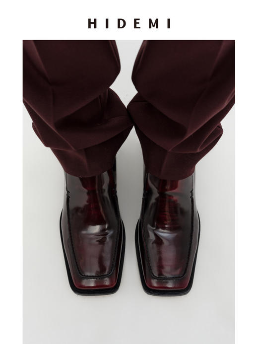 HIDEMI 极简方头都市感方跟粗跟进口雾面亮皮牛皮手工感中跟皮鞋 黑色/复古酒红 商品图11