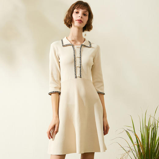 欧芮儿2019秋装新品杏色七分袖针织连衣裙女中长款polo领小个子 商品图0