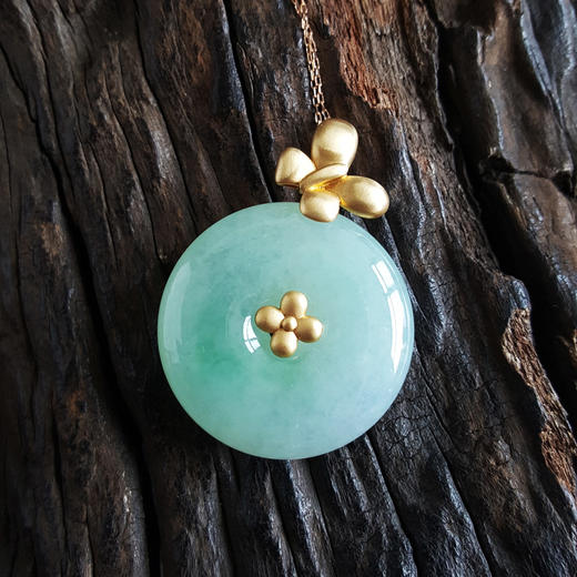 【天然正品】AU750精品黄金镶糯种果绿色平安扣翡翠（吉祥、如意）吊坠项链160824XY24 商品图2