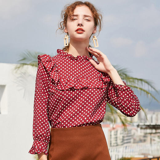 欧芮儿2019秋装女装波点雪纺衫女宽松红色荷叶边小衫百搭衬衣 商品图0