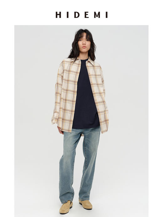 HIDEMI 【吴谨言同款】复古色织格纹长绒感磨毛高品质极简廓形纽扣衬衫 卡其米格/奶白格 商品图5