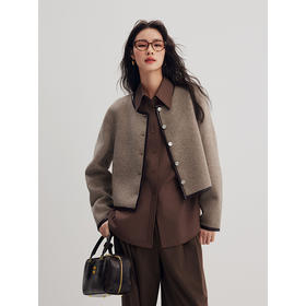 棉仓357666012-PU边撞色短款小香风金属扣毛呢外套