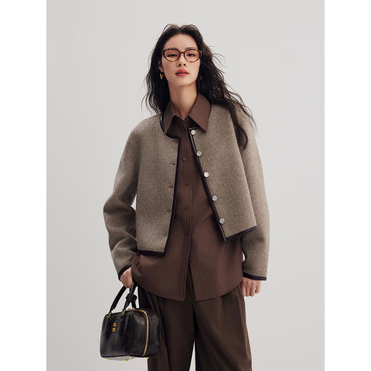 棉仓357666012-PU边撞色短款小香风金属扣毛呢外套 商品图0