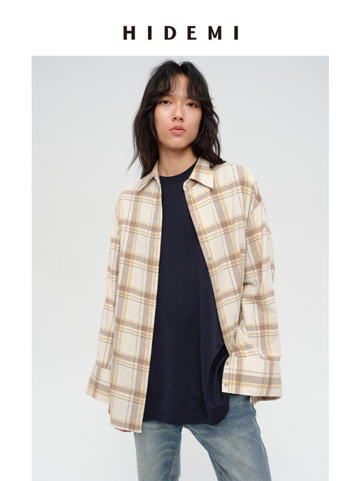 HIDEMI 【吴谨言同款】复古色织格纹长绒感磨毛高品质极简廓形纽扣衬衫 卡其米格/奶白格 商品图3