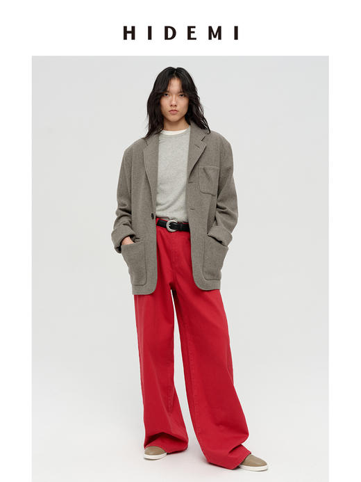 HIDEMI 进口澳洲绵羊毛全毛厚款复古立体口袋工装感西装导演外套大衣 意大利米/艺术灰/黑色 商品图0