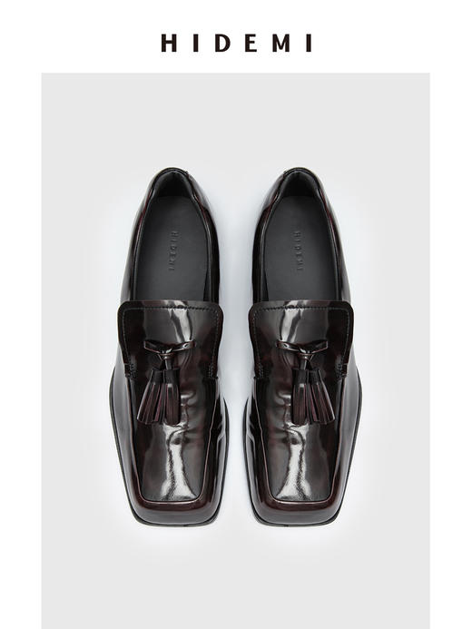 HIDEMI 极简方头手作流苏都市感气垫式进口雾面亮皮牛皮舒适感皮鞋 黑色/深酒红 商品图4