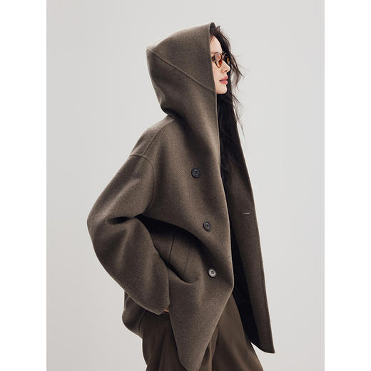 棉仓356666001-老钱松弛感兜帽双排扣一手长羊毛羊绒混纺毛呢外套 商品图0