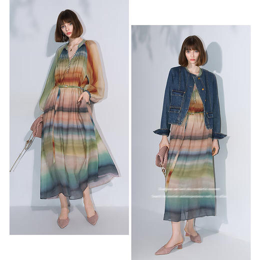 【限时秒杀】COCOBELLA[赤霞橘光]手绘彩虹条纹飘逸长袖连衣裙套装FR7045 商品图3