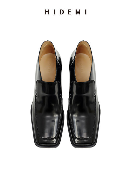 HIDEMI 极简方头都市感方跟粗跟进口雾面亮皮牛皮手工感中跟皮鞋 黑色/复古酒红 商品图14