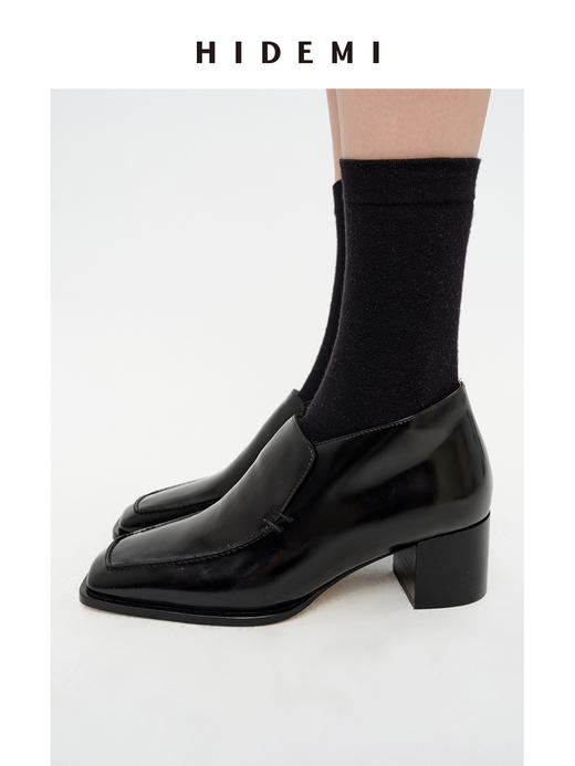HIDEMI 极简方头都市感方跟粗跟进口雾面亮皮牛皮手工感中跟皮鞋 黑色/复古酒红 商品图12