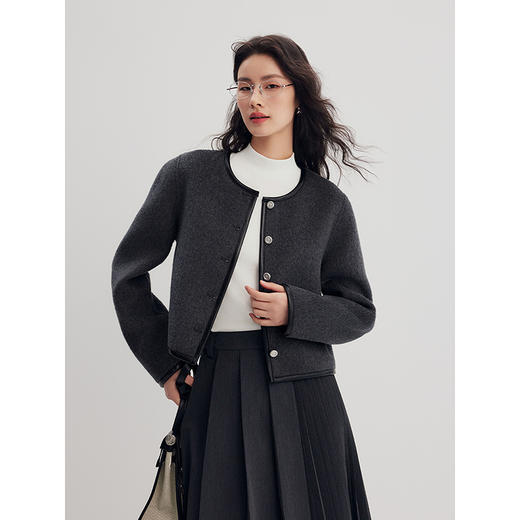 棉仓357666012-PU边撞色短款小香风金属扣毛呢外套 商品图1