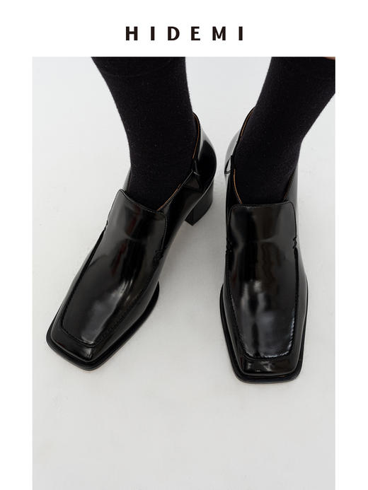 HIDEMI 极简方头都市感方跟粗跟进口雾面亮皮牛皮手工感中跟皮鞋 黑色/复古酒红 商品图9