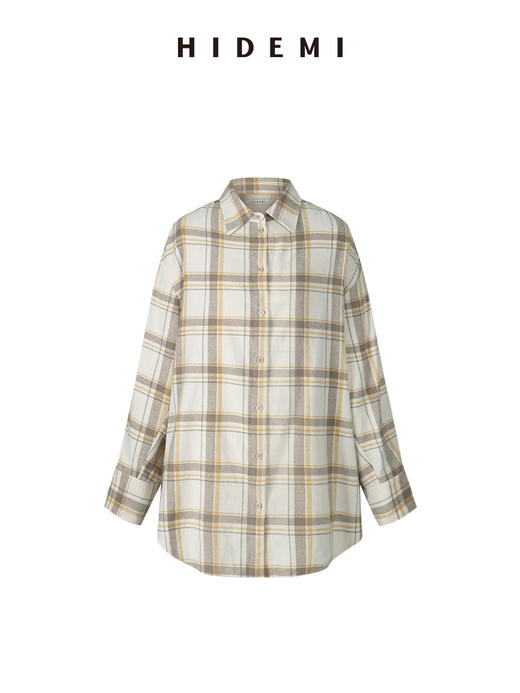 HIDEMI 【吴谨言同款】复古色织格纹长绒感磨毛高品质极简廓形纽扣衬衫 卡其米格/奶白格 商品图9