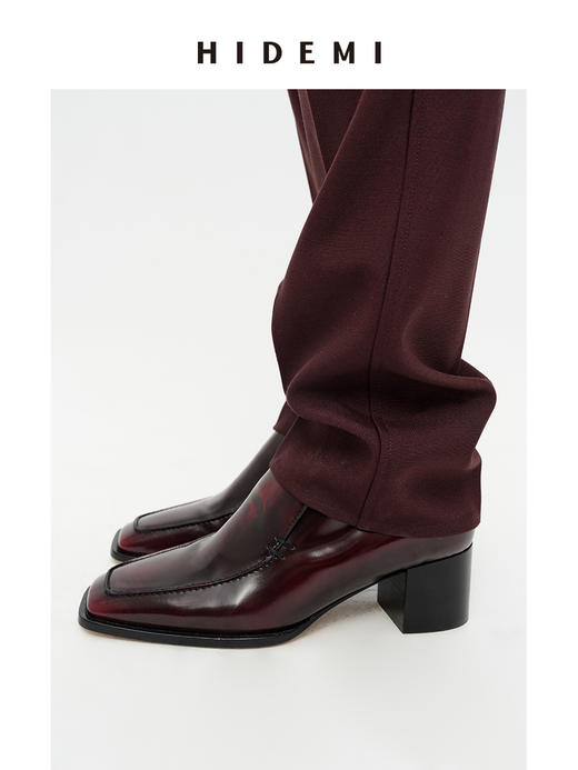 HIDEMI 极简方头都市感方跟粗跟进口雾面亮皮牛皮手工感中跟皮鞋 黑色/复古酒红 商品图10