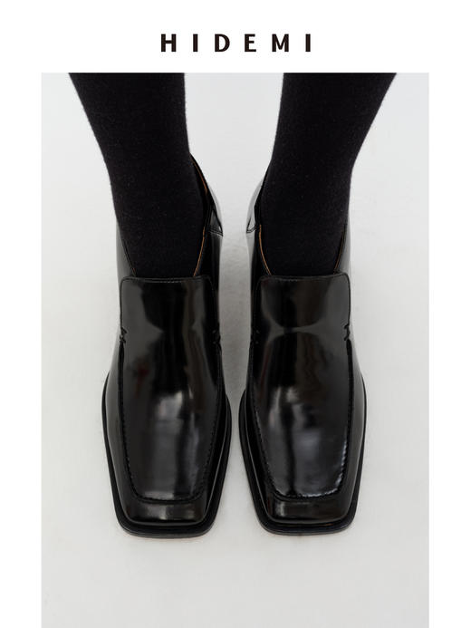 HIDEMI 极简方头都市感方跟粗跟进口雾面亮皮牛皮手工感中跟皮鞋 黑色/复古酒红 商品图4