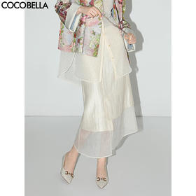 COCOBELLA奢感珠光华丽人丝半身裙网纱拼接不规则开叉裙装HS3040