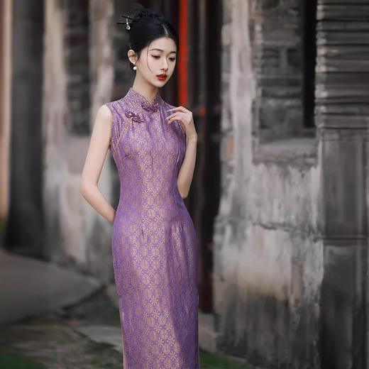 改良旗袍少女气质紫色提花无袖GR1012 商品图3