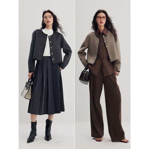 棉仓357666012-PU边撞色短款小香风金属扣毛呢外套 商品图4