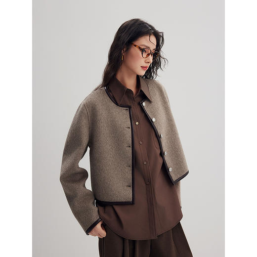 棉仓357666012-PU边撞色短款小香风金属扣毛呢外套 商品图2