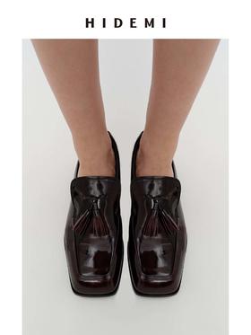 HIDEMI 极简方头手作流苏都市感气垫式进口雾面亮皮牛皮舒适感皮鞋 黑色/深酒红